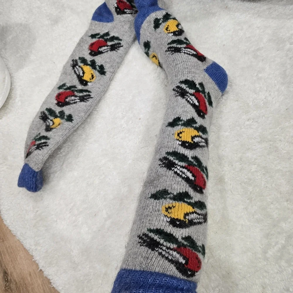 Handmade 100% Natural Goat Down Socks Fuzzy Warm‎ Wool Knitted Bird Motif Large